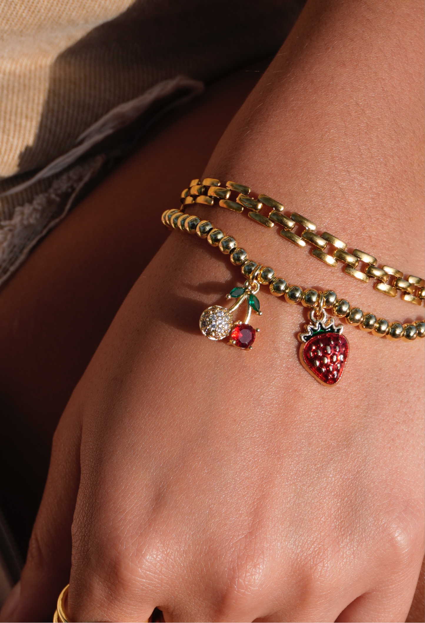 Beaded Straw Cherry Charm Bracelet