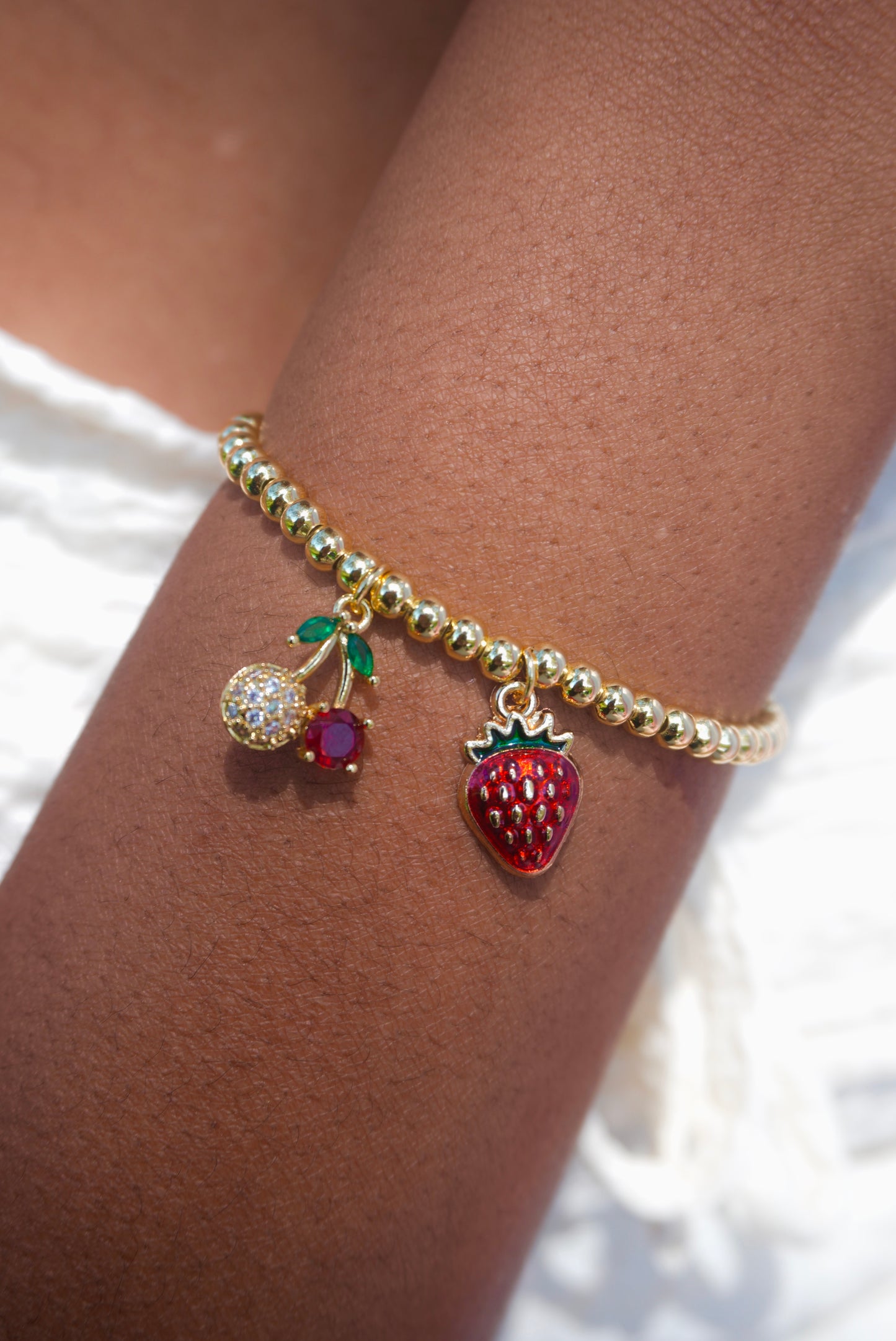 Beaded Straw Cherry Charm Bracelet