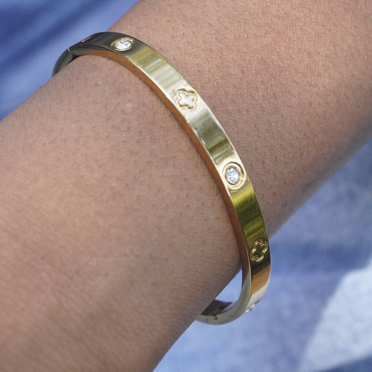 Rhinestone Clover Bangle Bracelet