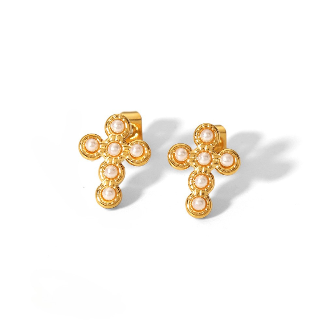 Pearl Cross Stud Earrings
