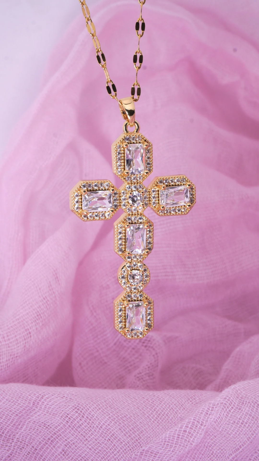 Large Square Crystal Cross Necklace