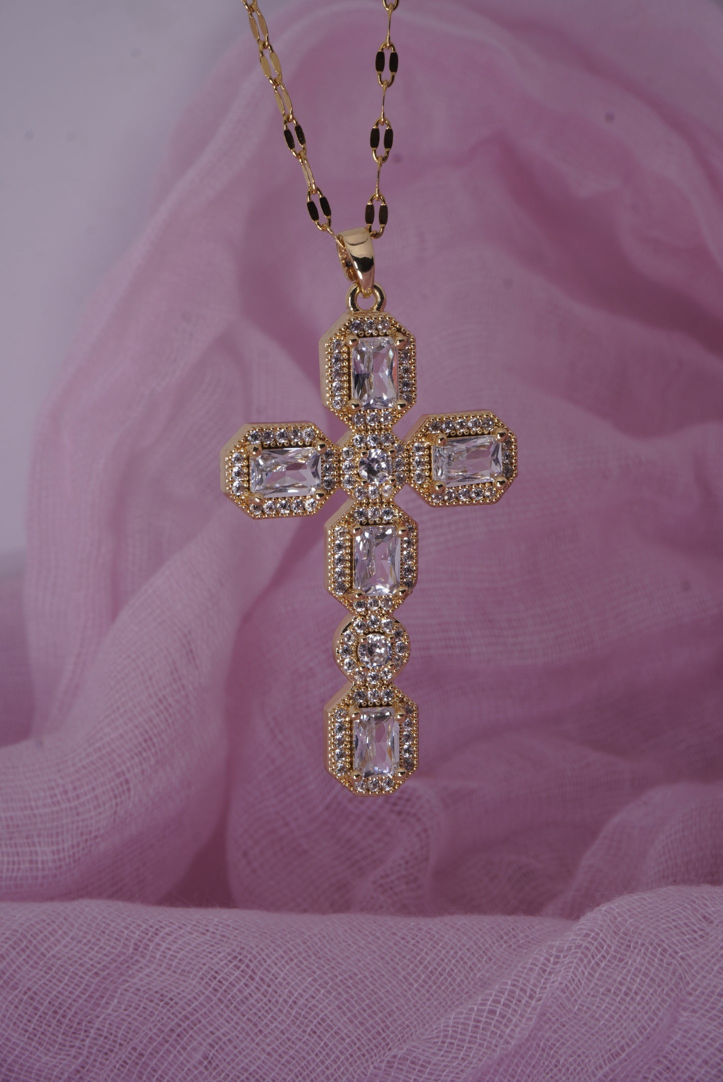 Large Square Crystal Cross Necklace
